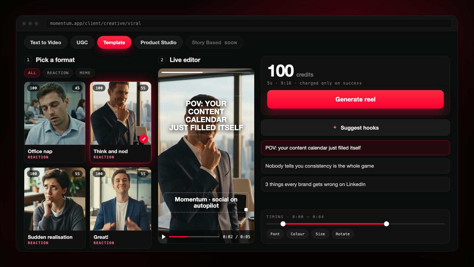 The Viral Templates editor: format picker, live preview and hook suggestions
